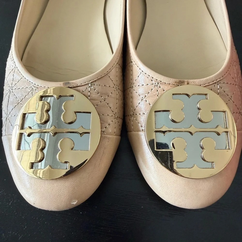 Tory Burch Claire Quilted Ballet Flat Nappa Leather New Porcelain size 7
